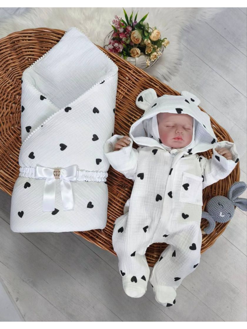 ❤ Конверт-плед на виписку мусліновий, 80*80см. Колір - Сердечки чорні на білому (#20125502) ✓ Anna Konvert