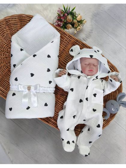 ❤ Мусліновий ромпер з шапочкою, 0-3 міс. Колір - Чорні сердечка на білому (#29504233) ✓ Anna Konvert 2