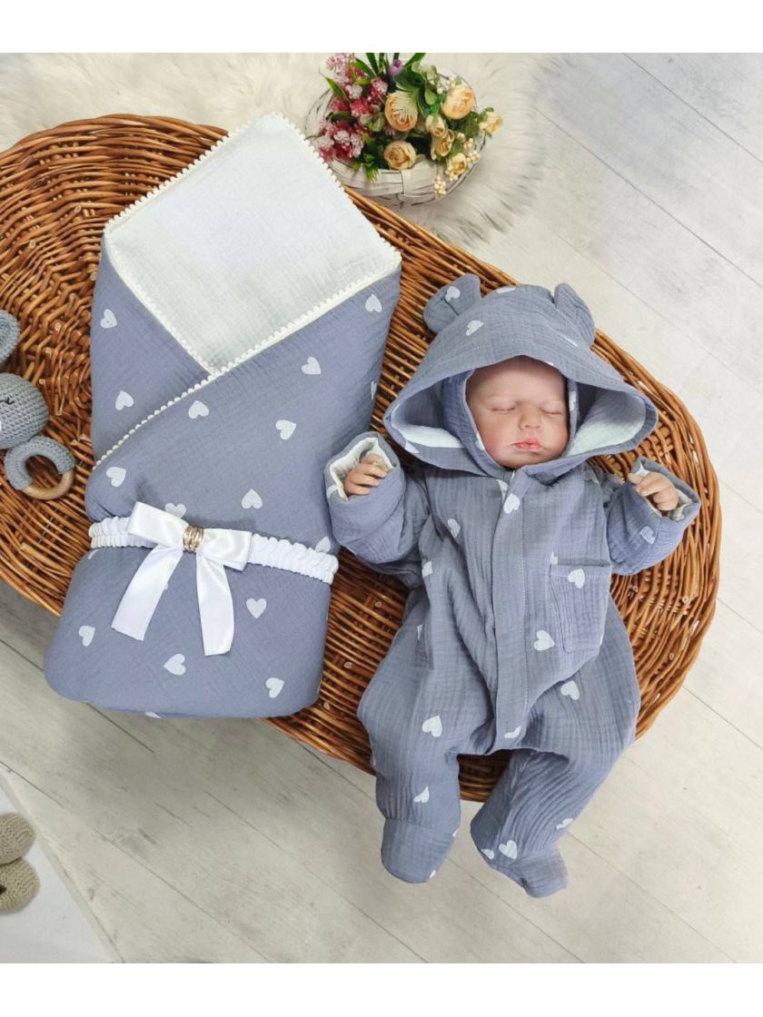 ❤ Мусліновий ромпер з шапочкою, 0-3 міс. Колір - Білі сердечка на сірому (#40856215) ✓ Anna Konvert