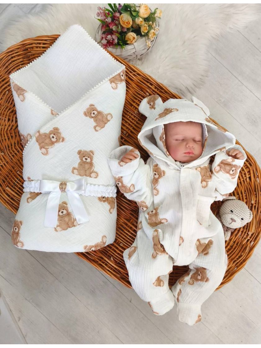 ❤ Мусліновий ромпер з шапочкою, 0-3 міс. Колір - Ведмедик сидячий, білий (#40455320) ✓ Anna Konvert