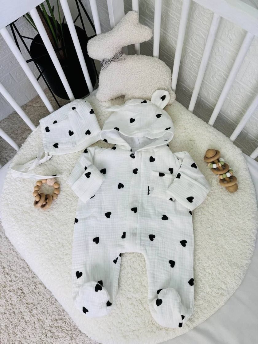 ❤ Мусліновий ромпер з шапочкою, 0-3 міс. Колір - Чорні сердечка на білому (#29504233) ✓ Anna Konvert