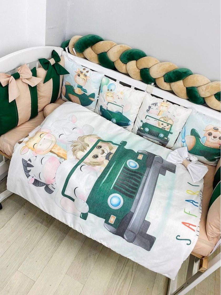 ❤ Набір "Бант" з принтом і косою. Колір - Звірі в автівці, зелено-бежевий (#56643188) ✓ Anna Konvert