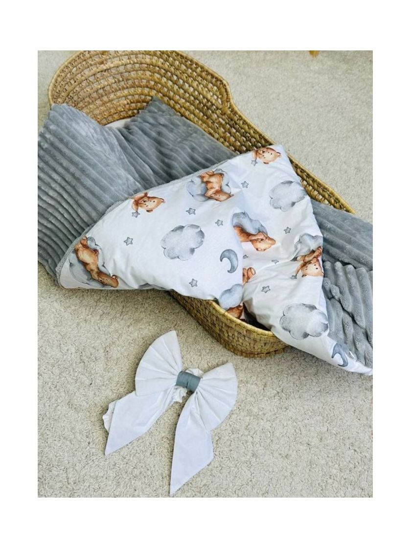 ❤ Конверт-плед на виписку 80 см на 100 см, на блискавці з наповнювачем у чохлі. Принт - Ведмедики на хмарці, плюш шарпей сірий (