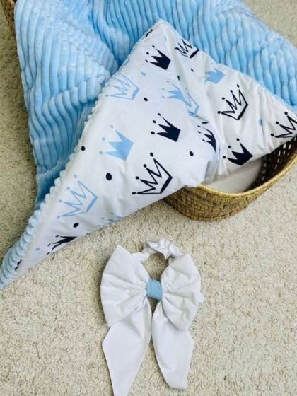 ❤ Конверт-плед на виписку 80 см на 100 см, на блискавці з наповнювачем у чохлі. Принт - Корони блакитні, плюш шарпей блакитний ( 2