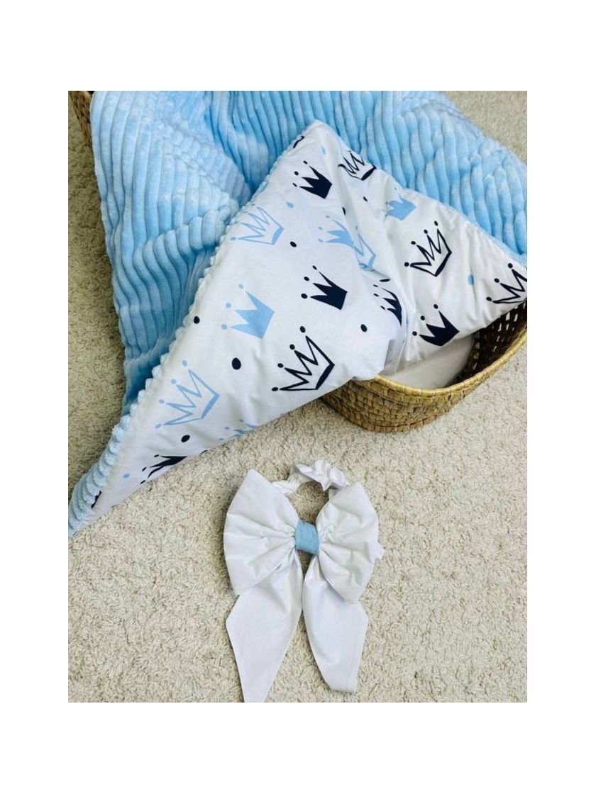 ❤ Конверт-плед на виписку 80 см на 100 см, на блискавці з наповнювачем у чохлі. Принт - Корони блакитні, плюш шарпей блакитний (