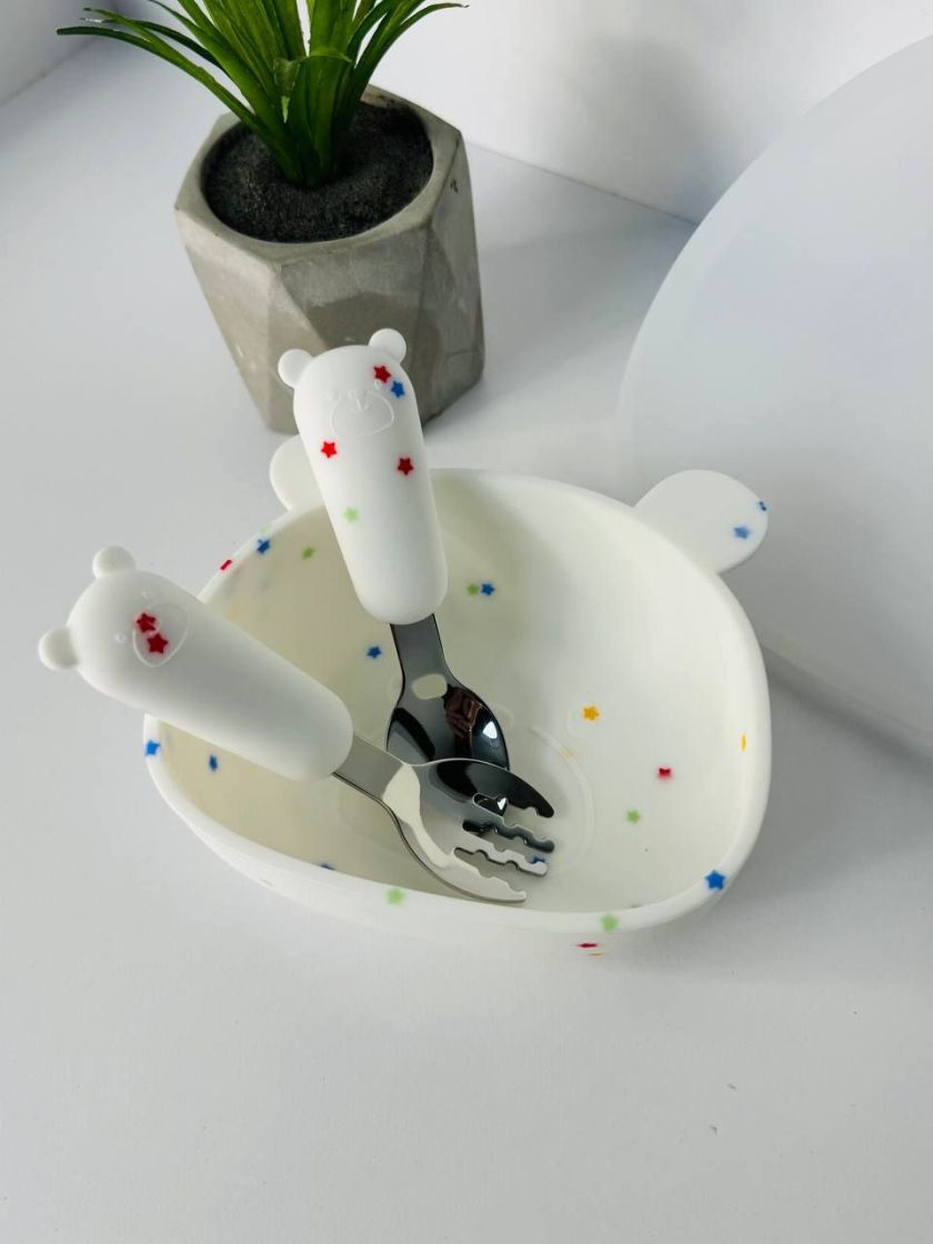 ❤ Силіконовий набір дитячого посуду “Ведмеді” з кришкою та металевими приборами. колір - White (#8484472) ✓ Anna Konvert