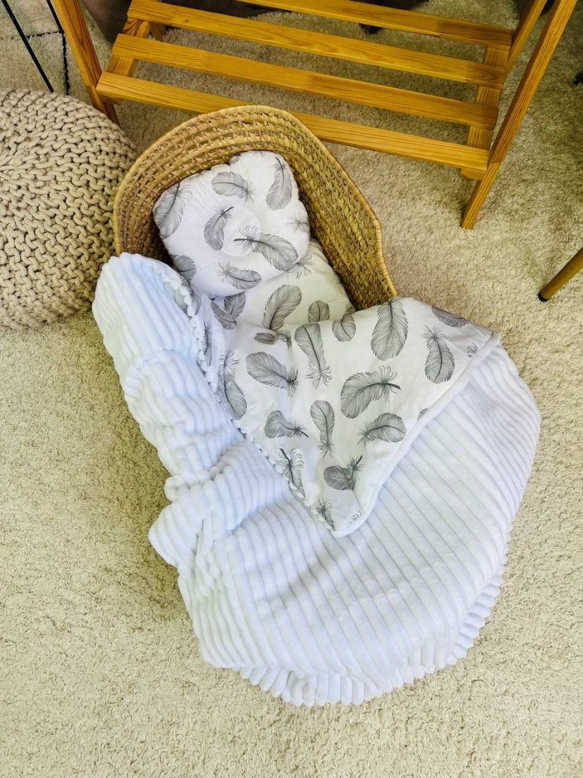 ❤ Набір у візочок, простирадло непромакаюче, плед на змійці. Принт - Білий плюш шпрпей, пірʼячко (#24574069) ✓ Anna Konvert