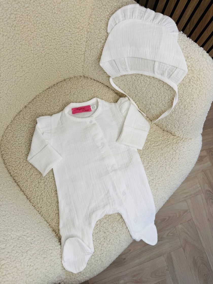 ❤ Мусліновий чоловічок з шапочкою. Принт - Молочний з рюшами. Розмір - 56-62см (#41578783) ✓ Anna Konvert