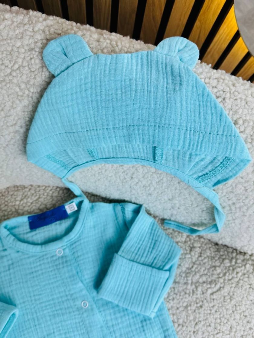 ❤ Мусліновий чоловічок з шапочкою. Принт - Бірюзовий однотон. Розмір - 56-62см (#32918996) ✓ Anna Konvert