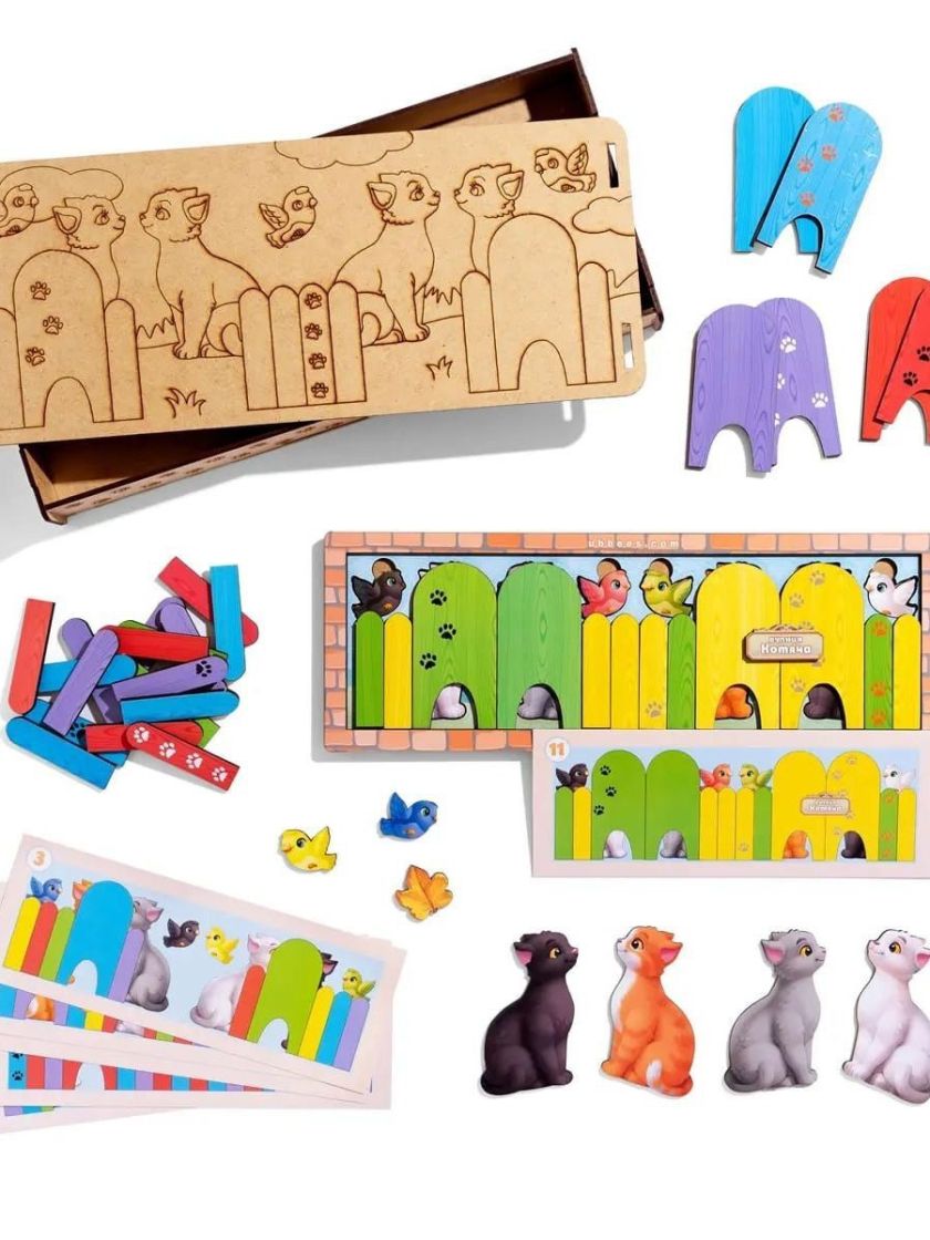 ❤ Дерев'яна розвиваюча гра для дітей з картками "Котики за парканом" (#ПСФ150) ✓ Anna Konvert