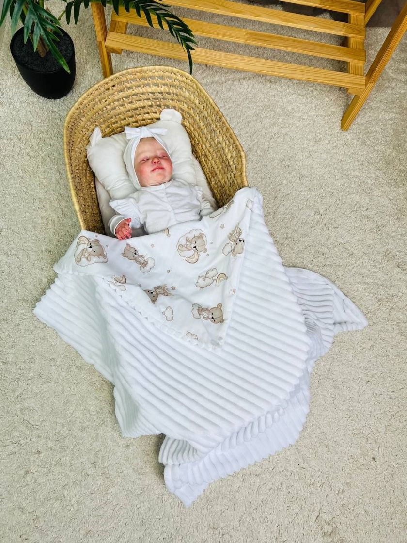 ❤ Плед в пологовий, мінкі плюш, без утеплювача, 100см на 80см. Колір, принт - Плюш смужка білий, ведмеді невзрачні (#44918722) ✓