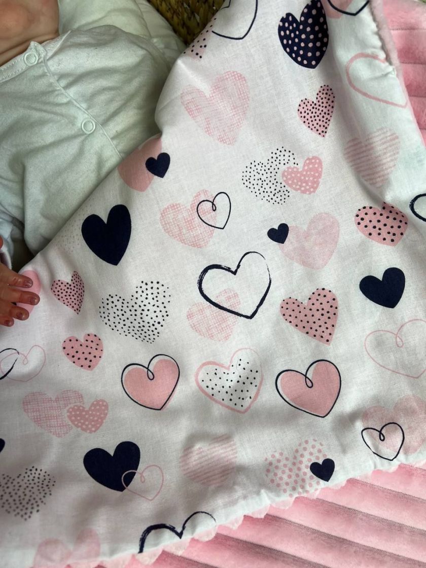 ❤ Плед в пологовий, мінкі плюш, без утеплювача, 100см на 80см. Колір, принт - Плюш смужка рожевий, серця великі (#85669509) ✓ An