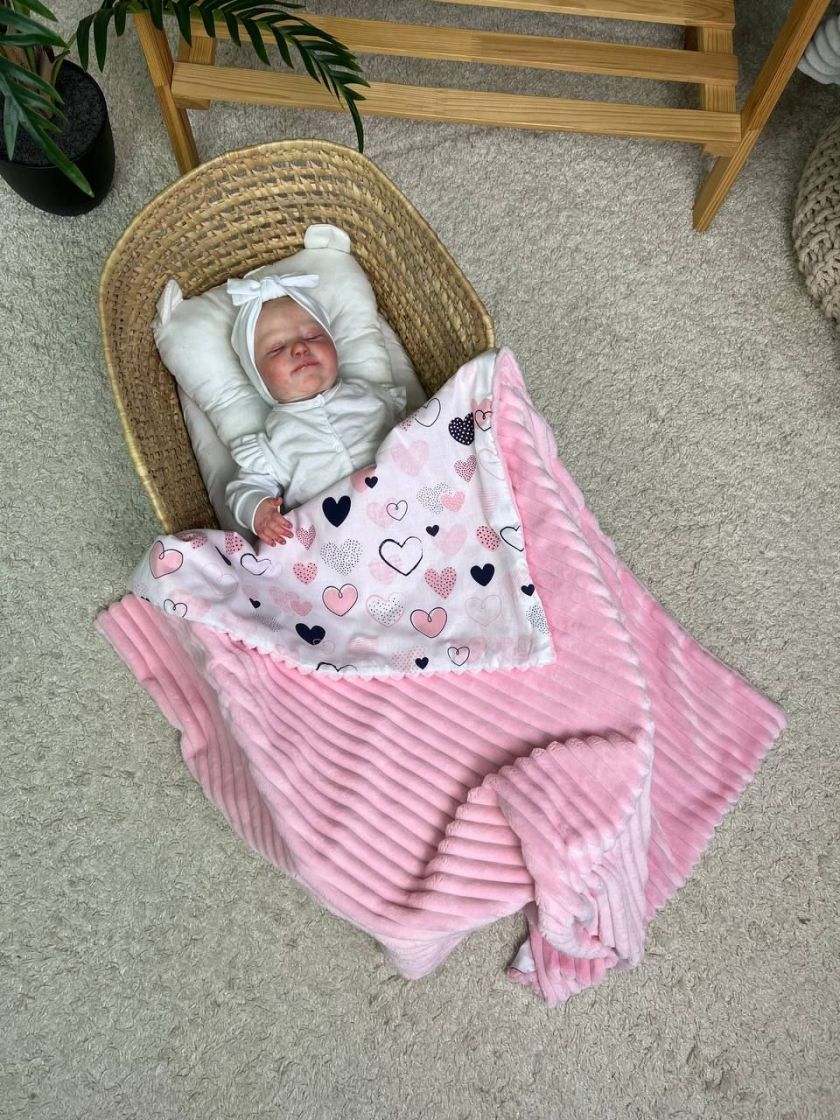 ❤ Плед в пологовий, мінкі плюш, без утеплювача, 100см на 80см. Колір, принт - Плюш смужка рожевий, серця великі (#85669509) ✓ An