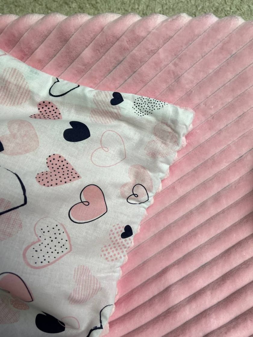 ❤ Плед в пологовий, мінкі плюш, без утеплювача, 100см на 80см. Колір, принт - Плюш смужка рожевий, серця великі (#85669509) ✓ An