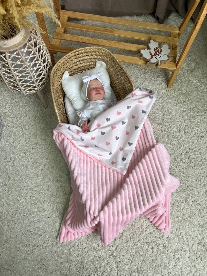 ❤ Плед в пологовий, мінкі плюш, без утеплювача, 100см на 80см. Колір, принт - Плюш смужка рожевий, серця рожеві малі (#90743708)