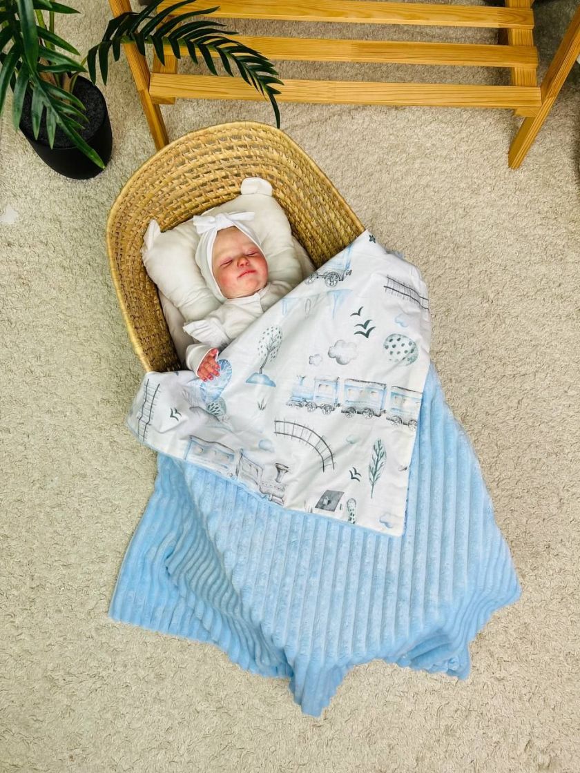 ❤ Плед в пологовий, мінкі плюш, без утеплювача, 100см на 80см. Колір, принт - Плюш смужка блакитний, літак та потяг (#98328458)