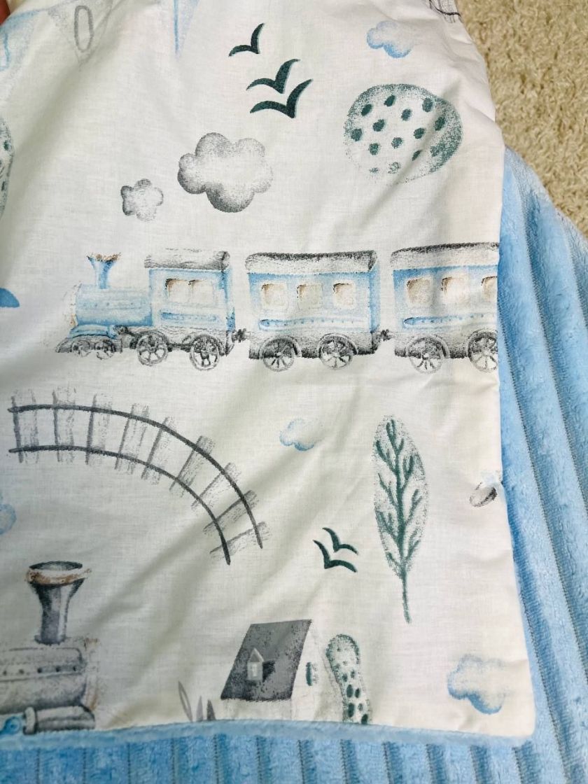 ❤ Плед в пологовий, мінкі плюш, без утеплювача, 100см на 80см. Колір, принт - Плюш смужка блакитний, літак та потяг (#98328458) 