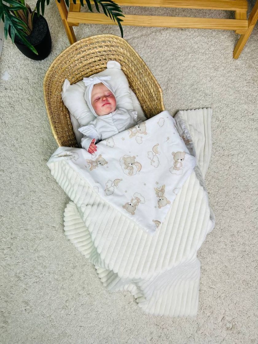 ❤ Плед в пологовий, мінкі плюш, без утеплювача, 100см на 80см. Колір, принт - Плюш смужка молочний, ведмеді невзрачні (#31297378