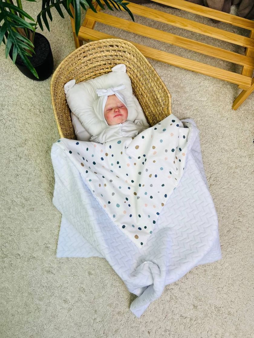 ❤ Плед в пологовий, мінкі плюш, без утеплювача, 100см на 80см. Колір, принт - Плюш косичка білий, камінчики кольорові (#59230522