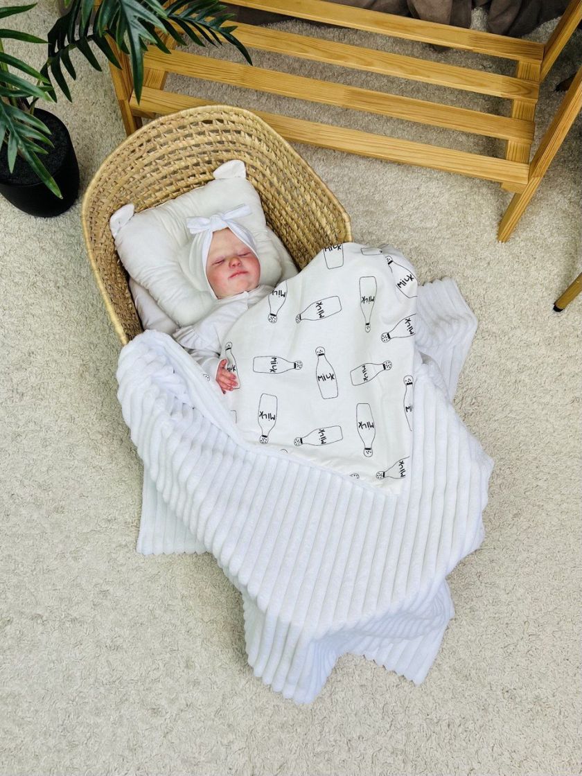 ❤ Плед в пологовий, мінкі плюш, без утеплювача, 100см на 80см. Колір, принт - Плюш смужка білий, пляшечки мілк (#54747778) ✓ Ann