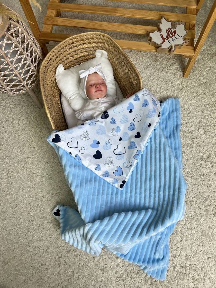 ❤ Плед в пологовий, мінкі плюш, без утеплювача, 100см на 80см. Колір, принт - плюш смужка блакитний, серця блакитні (#0335) ✓ An