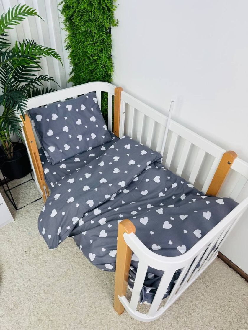 ❤ Змінна дитяча постіль, розмір підковдри 140 см на 110 см. Принт - Серця білі великі на сірому (#43882224) ✓ Anna Konvert