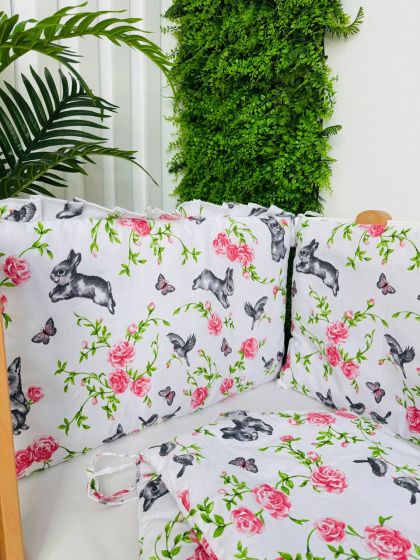 ❤ Бортики-суцільні на 4 боки ліжка, на завʼязках. Принт - Зайці тепні в трояндах (#80660661) ✓ Anna Konvert 2