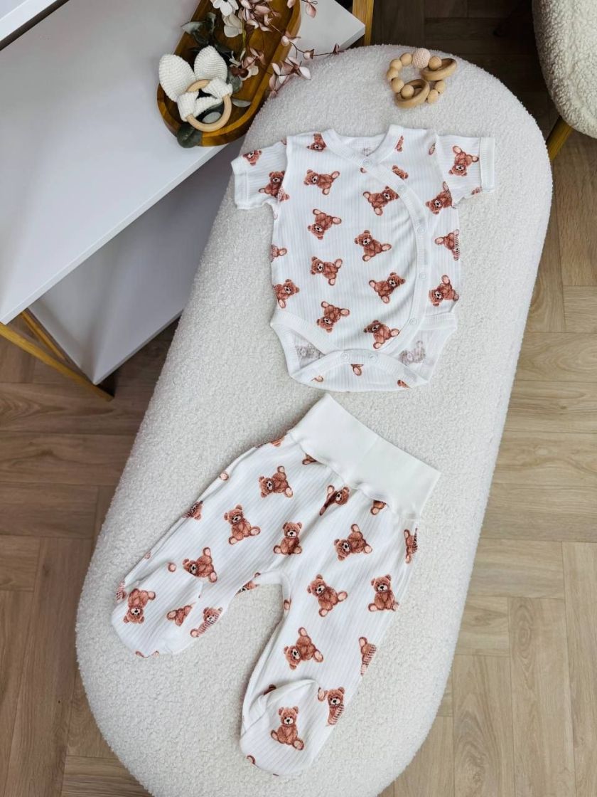 ❤ Комплект 2ка з боді з коротким рукавом, в рубчик. Принт - Сидячі ведмедики. Розмір - 62-68р (#55524842) ✓ Anna Konvert