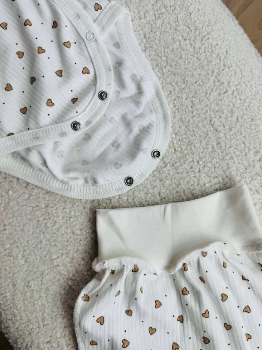 ❤ Комплект 2ка з боді з коротким рукавом, в рубчик. Принт - Сердечка беж в контурі. Розмір - 62-68р (#18123059) ✓ Anna Konvert