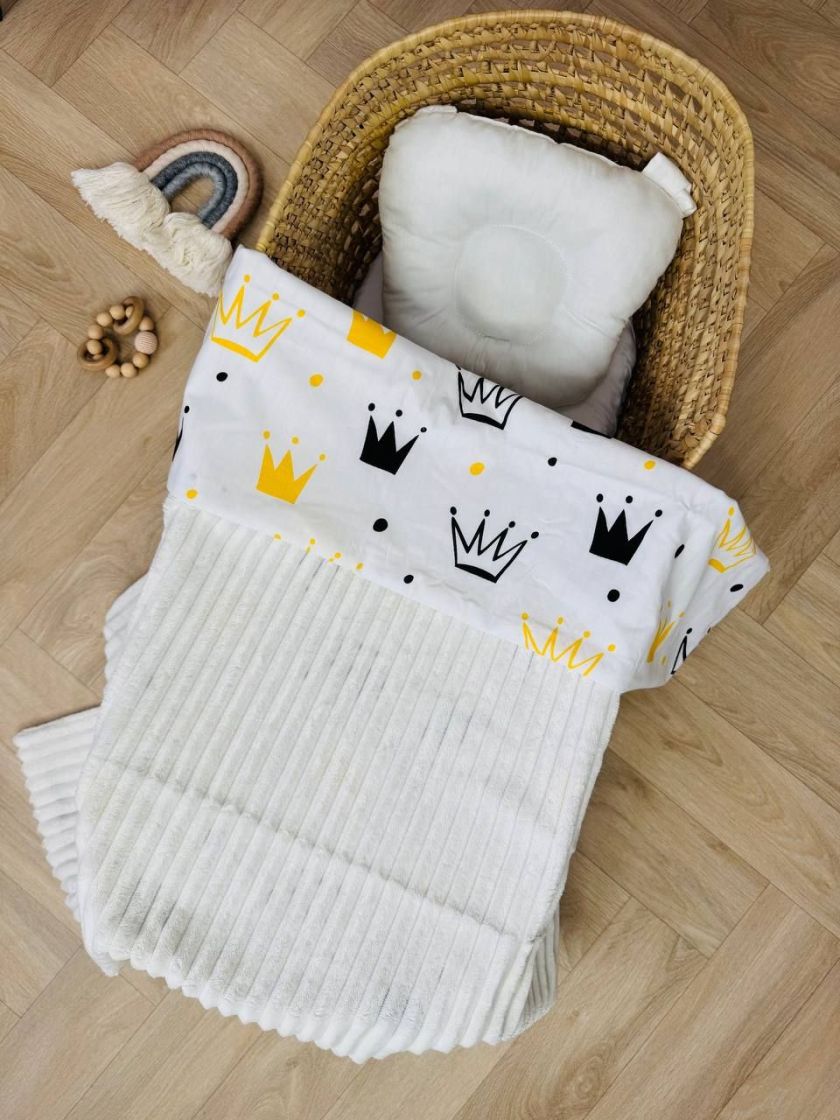 ❤ Плед в пологовий, мінкі плюш, без утеплювача, 100см на 80см. Колір, принт - Плюш смужка молочний, корони жовті (#99786205) ✓ A