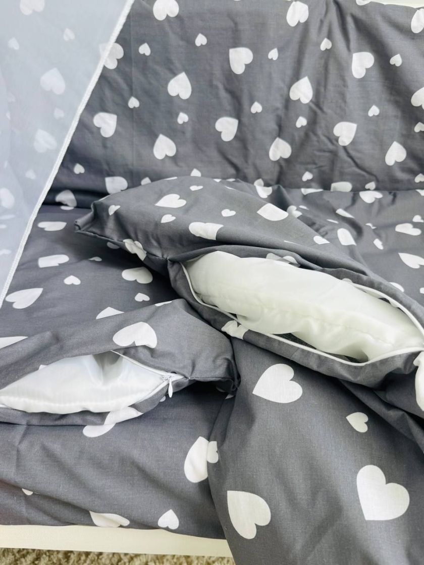 ❤ Набір у ліжко 9в1 суцільні. Принт - Серця білі великі на сірому (#4073827) ✓ Anna Konvert