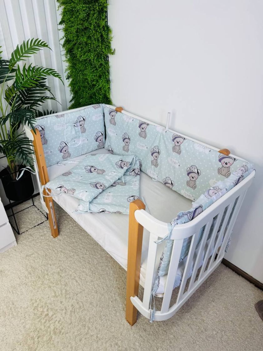 ❤ Бортики-суцільні на 4 боки ліжка, на завʼязках. Принт - Ведмедик it`s a BOY на мятному (#13097396) ✓ Anna Konvert