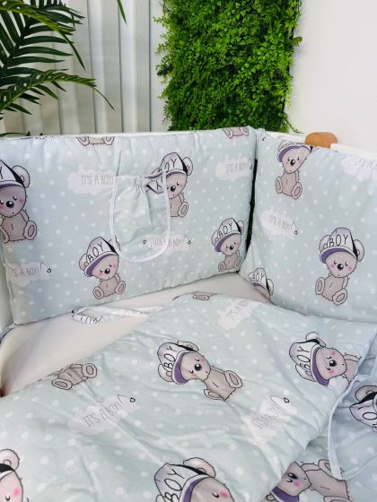 ❤ Бортики-суцільні на 4 боки ліжка, на завʼязках. Принт - Ведмедик it`s a BOY на мятному (#13097396) ✓ Anna Konvert 2