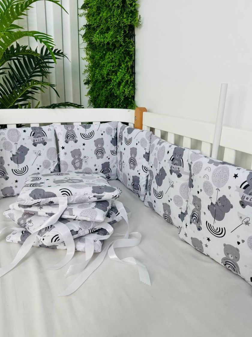 ❤ Бортики-подушки на 4 боки ліжечка, 12 подушок. Принт - Ведмідь з веселками сірий (#21575437) ✓ Anna Konvert