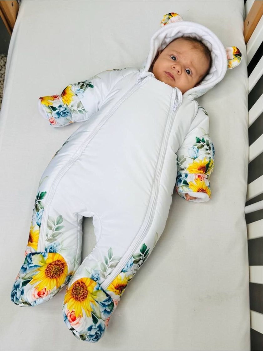 ❤ Комбінезон Принти кольорові, "Маленький ведмедик". Принт - Соняшники на білому. Розвір - 3-6міс. Сезон - Зимовий (#63307014) ✓