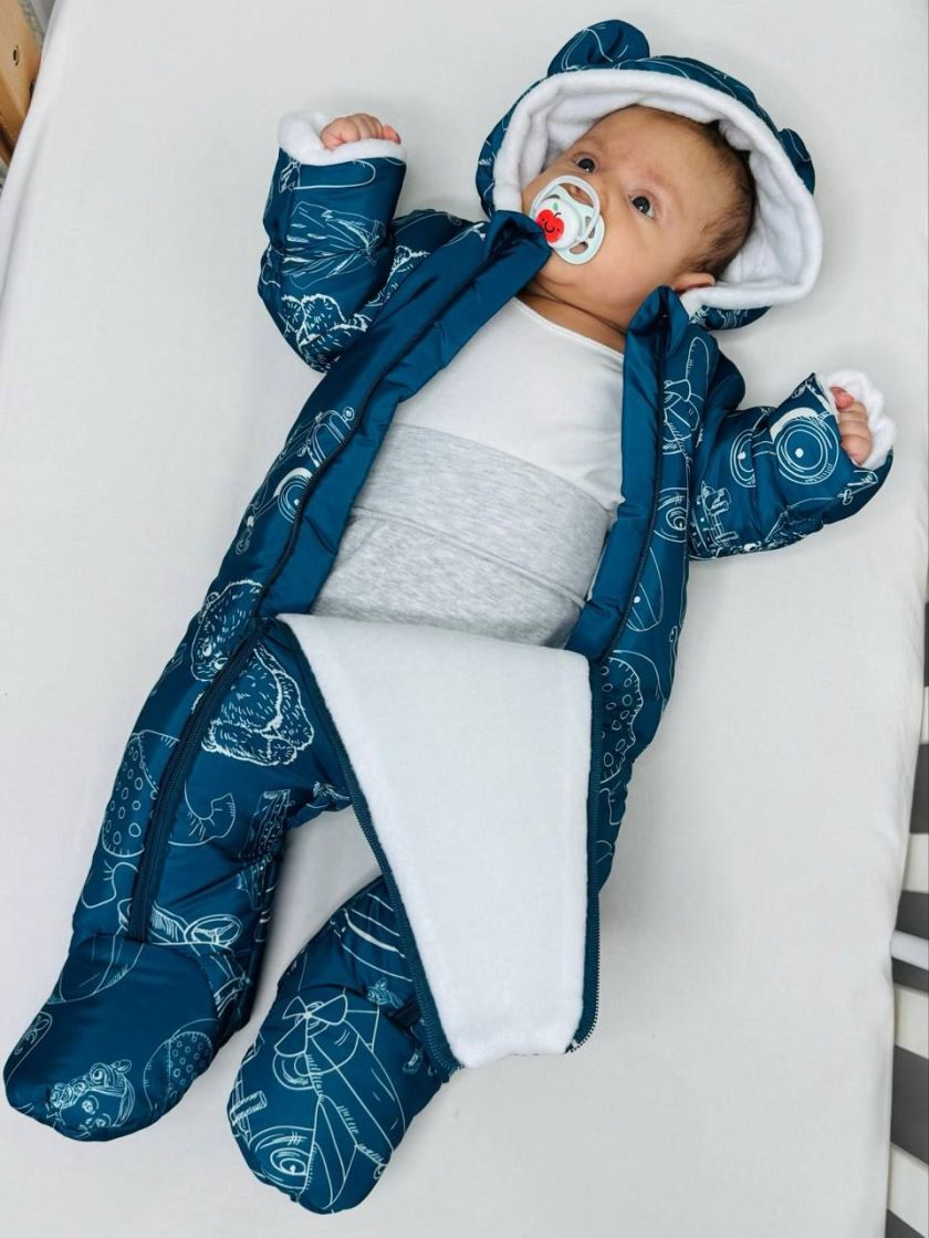 ❤ Комбінезон Принти кольорові, "Маленький ведмедик". Принт - Різні малюнки на синьому. Розвір - 3-6міс. Сезон - Зимовий (#768418