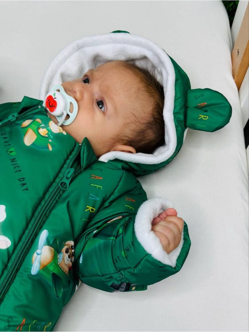 ❤ Комбінезон Принти кольорові, "Маленький ведмедик". Принт - Тваринки на авто, зелений. Розвір - 3-6міс. Сезон - Демісезонний (#