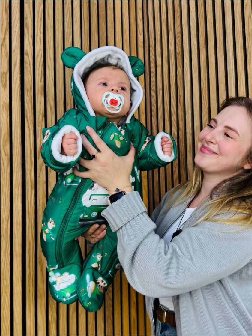 ❤ Комбінезон Принти кольорові, "Маленький ведмедик". Принт - Тваринки на авто, зелений. Розвір - 0-3міс. Сезон - Зимовий (#19696