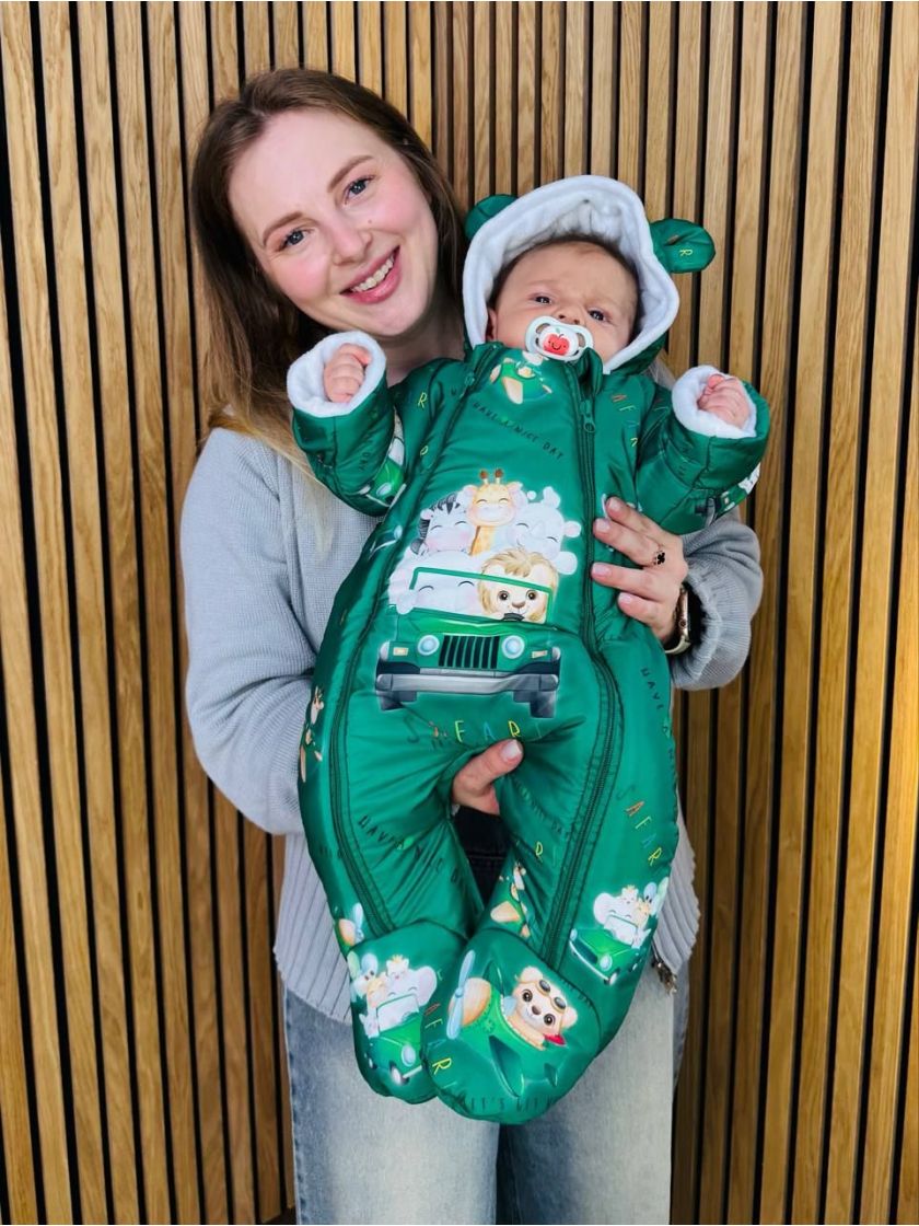 ❤ Комбінезон Принти кольорові, "Маленький ведмедик". Принт - Тваринки на авто, зелений. Розвір - 3-6міс. Сезон - Зимовий (#77390