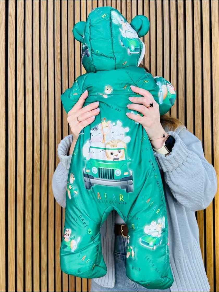 ❤ Комбінезон Принти кольорові, "Маленький ведмедик". Принт - Тваринки на авто, зелений. Розвір - 3-6міс. Сезон - Зимовий (#77390