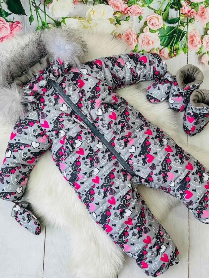 ❤ Комбінезон зимовий "Рукавичка". Колір - Сірий в рожеві серця. Розмір - 92 (#29538264) ✓ Anna Konvert