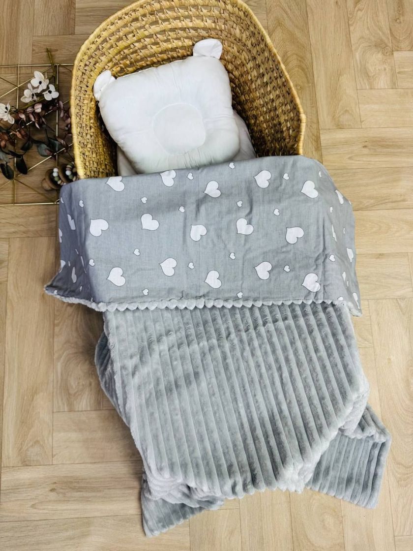 ❤ Плед в пологовий, мінкі плюш, без утеплювача, 100см на 80см. Колір, принт - Серця білі великі на сірому (#42252443) ✓ Anna Kon