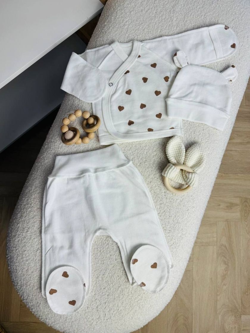 ❤ Комплект 3ка з сорочкою байка, БО. Принт - Серця бежеві великі. Розмір - 56см (#81799732) ✓ Anna Konvert