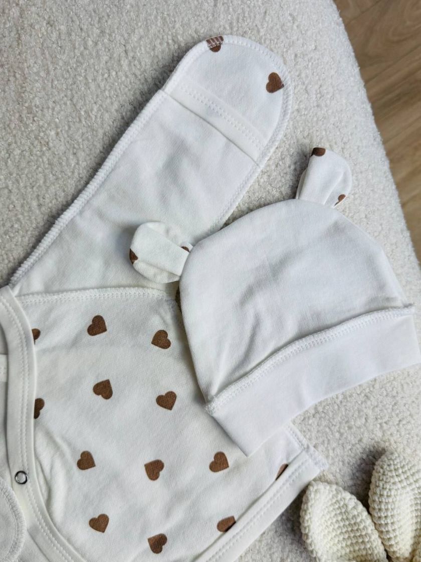 ❤ Комплект 3ка з сорочкою байка, БО. Принт - Серця бежеві великі. Розмір - 56см (#81799732) ✓ Anna Konvert