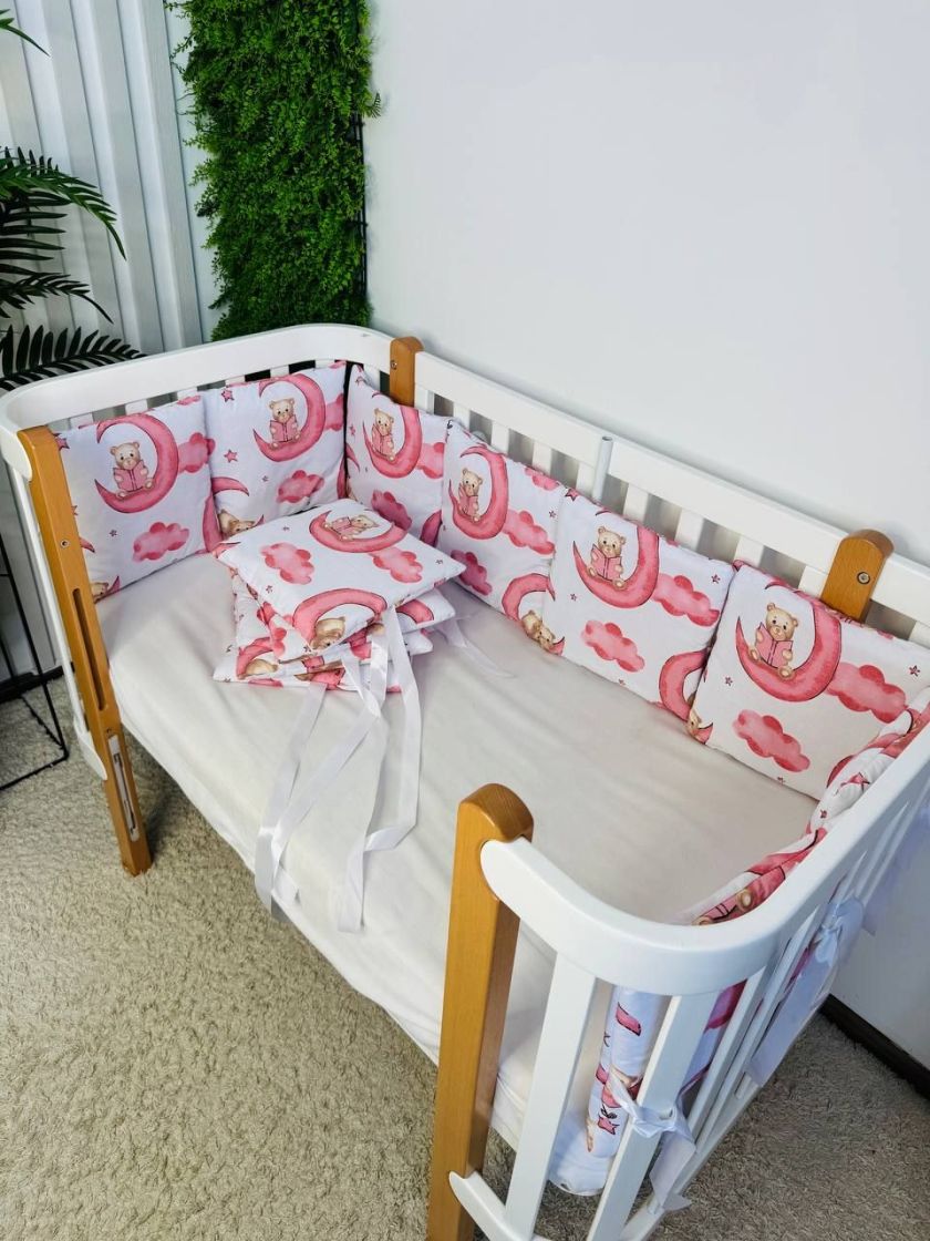 ❤ Бортики-подушки на 4 боки ліжечка, 12 подушок. Принт - Ведмедик на місяці рожевий (#85394729) ✓ Anna Konvert
