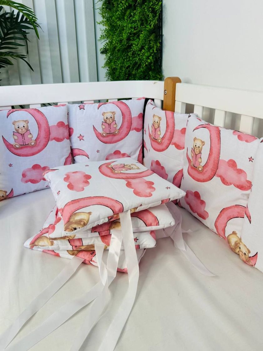 ❤ Бортики-подушки на 4 боки ліжечка, 12 подушок. Принт - Ведмедик на місяці рожевий (#85394729) ✓ Anna Konvert
