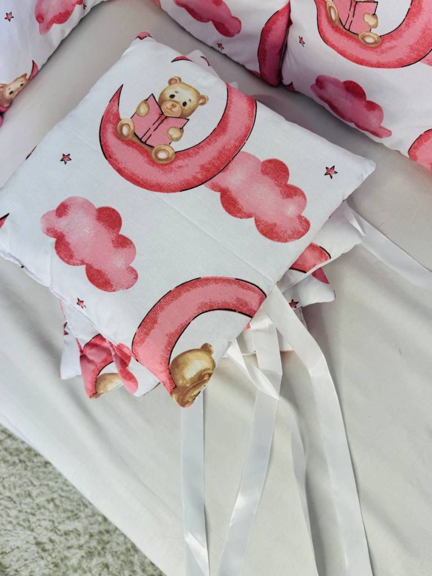 ❤ Бортики-подушки на 4 боки ліжечка, 12 подушок. Принт - Ведмедик на місяці рожевий (#85394729) ✓ Anna Konvert