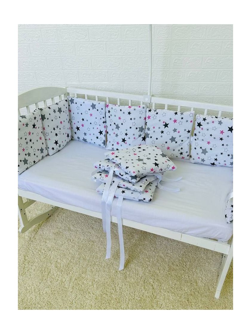 ❤ Бортики-подушки на 4 боки ліжечка, 12 подушок. Принт - Зірки різні з рожевим на білому (#0115) ✓ Anna Konvert