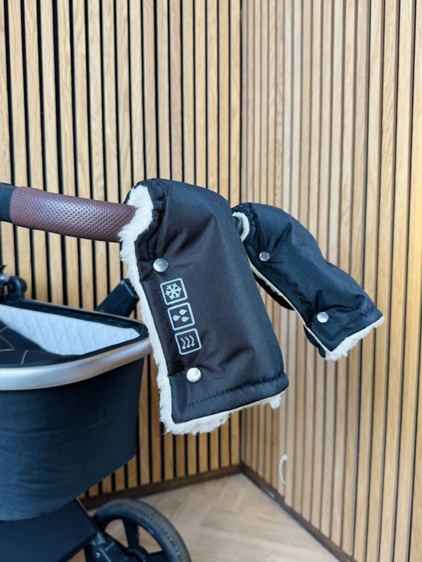 ❤ Зимові рукавиці на візочок, для батьків, з накладками, 70% вовни, Чорні, ForKids (#0413) ✓ Anna Konvert