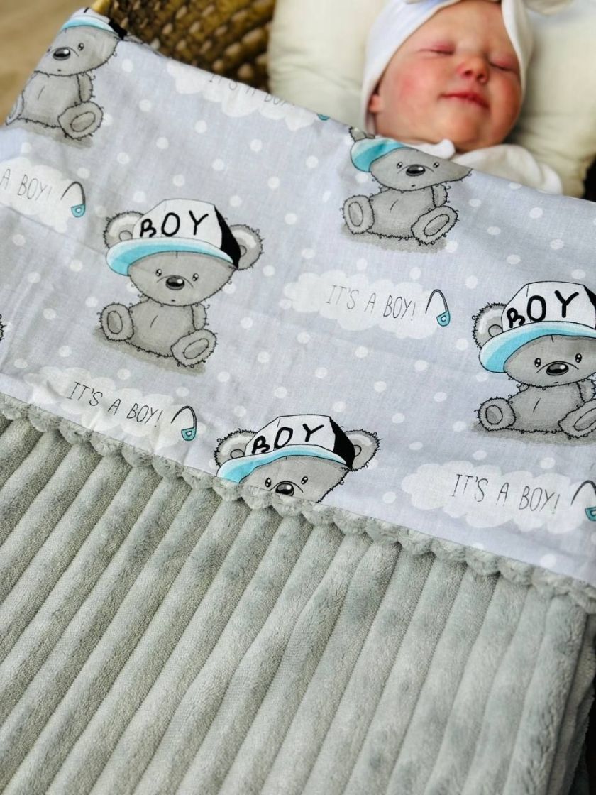 ❤ Плед в пологовий, мінкі плюш, без утеплювача, 100см на 80см. Колір, принт - плюш смужка сірий, ведмедик Boy хлопчик (#99695001